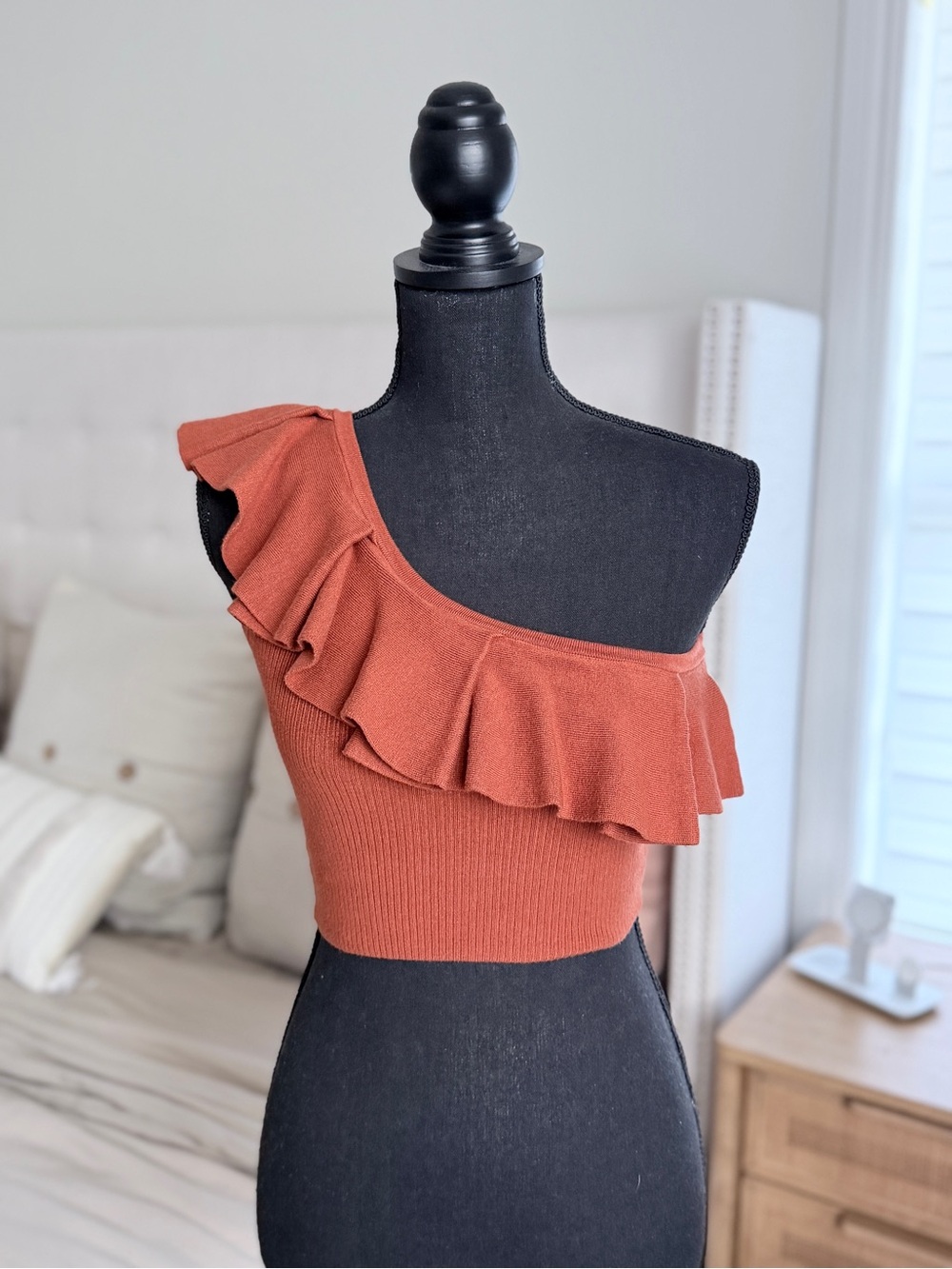 Express One-Shoulder Ruffle Crop Top in Rust